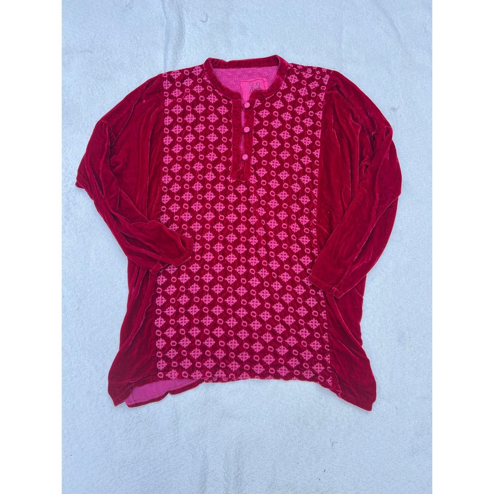 Johnny Was Red Silk Blend Velvet Embroidered Tunic Top Berry Pink Boho XL